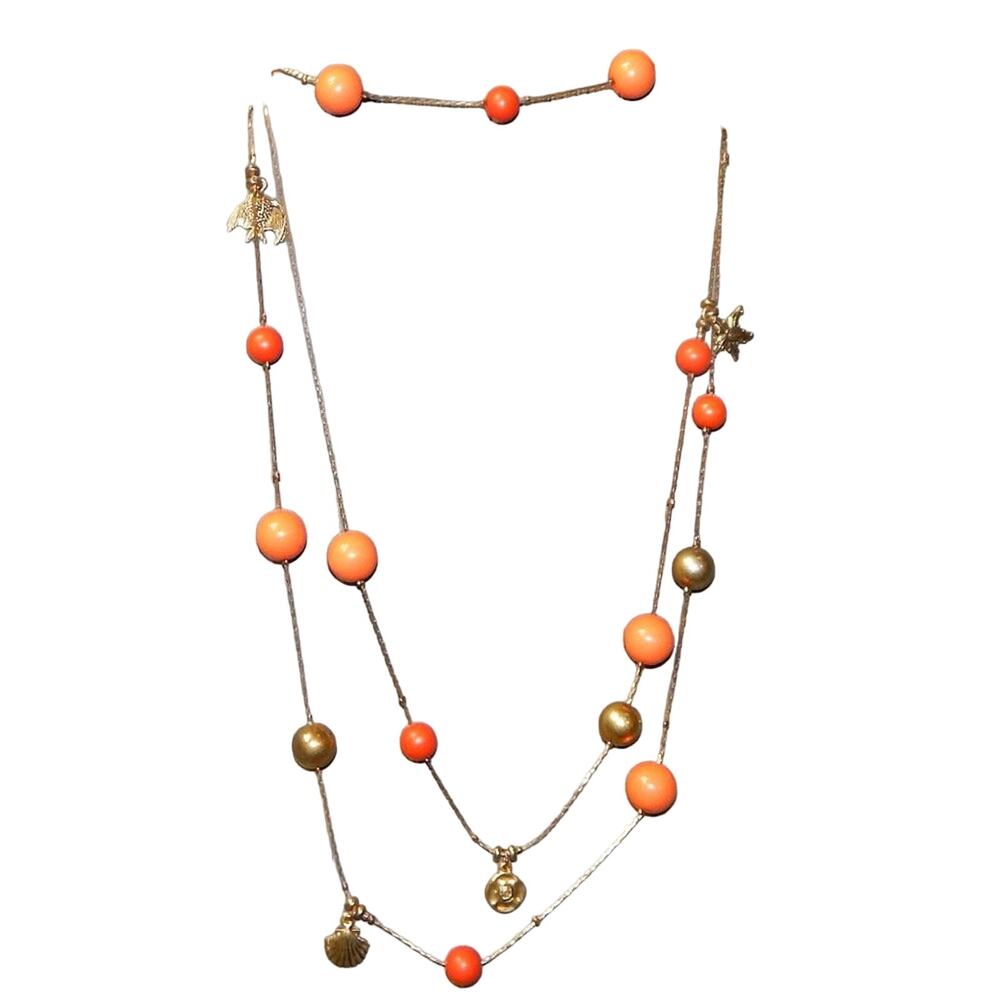Vintage  Long Cool Hippie Orange & Gold Ball, Shell, Fish & Starfish Nec…